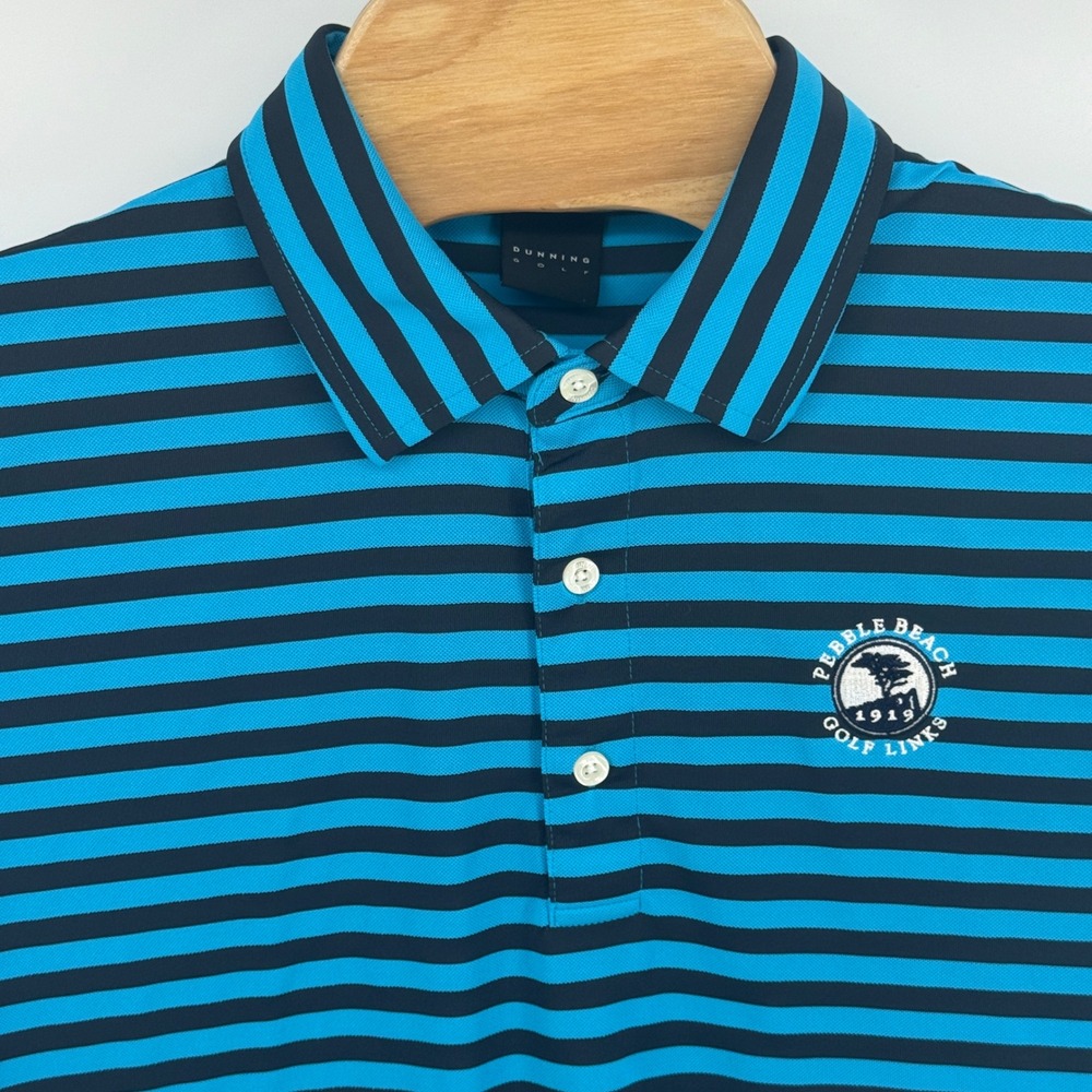 Dunning Golf Mens Pebble Beach Golf Links Striped‎ Polo Shirt Blue Black Large